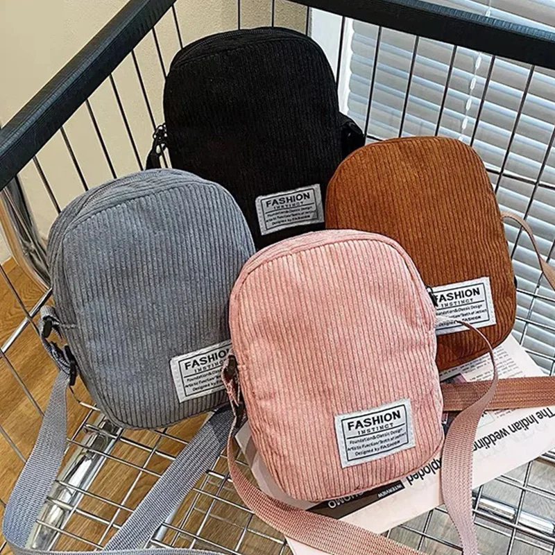 Women Corduroy Shoulder Bags Striped Cloth Handbags Casual Zip Tote Canvas Crossbody Bag Cute Small Hobo Phone Purse