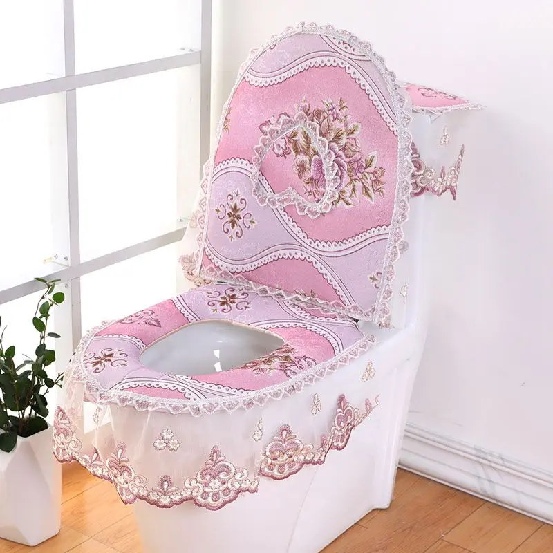 

3 Pcs/Set Exquisite Lace Ruffles Toilet Seat Cover Zippered Double-sided Fully Wrapped Toilet Cover Four Season Toilet Mat