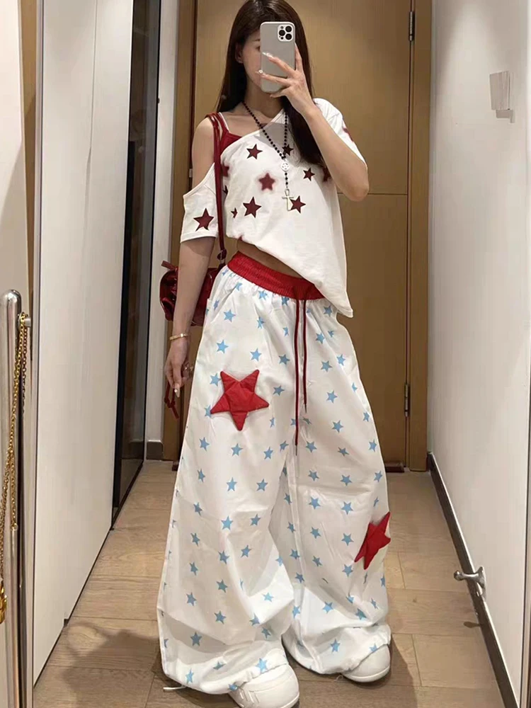 Women Casual Loose High Waist Sweatpants Straight Personalized American Style Vintage Print Star Wid Leg Trousers