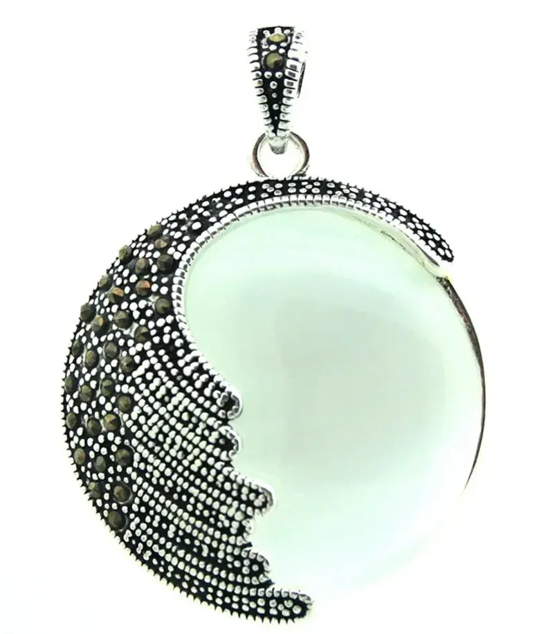 

925 Sterling Silver Natural clear white opal Round Marcasite Round Pendant 35MM