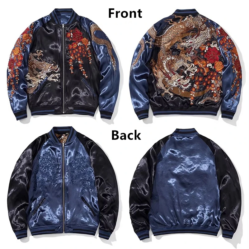 

S027 Premium Reversible Jackets For Man Heavy Embroidery Dragon Autumn Quality Satin Comfortable Exquisite Chamarras Para Hombre