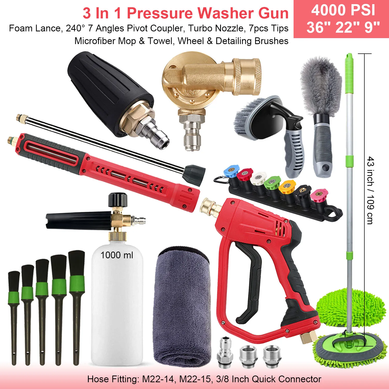 36 "In 4000 PSI Hogedrukreiniger Pistool Verlengstuk Nozzles Schuimlans 3 in 1 M22 14 15 mm 3/8 In Snelkoppeling Autoreiniger Kit