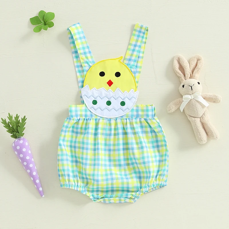 0-18M Newborn Baby Easter Romper Overalls Chick Embroidery Plaid Print Sleeveless Suspender Shorts for Infant Boys and Girls