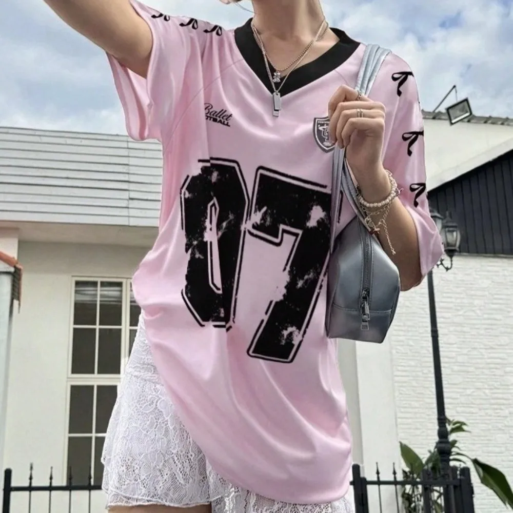 

V-neck Sports Tennis T-shirts Teenagers Adolescent Number Print Female Crop Tops Large Size Loose Bow Letter Shirt Children Kids