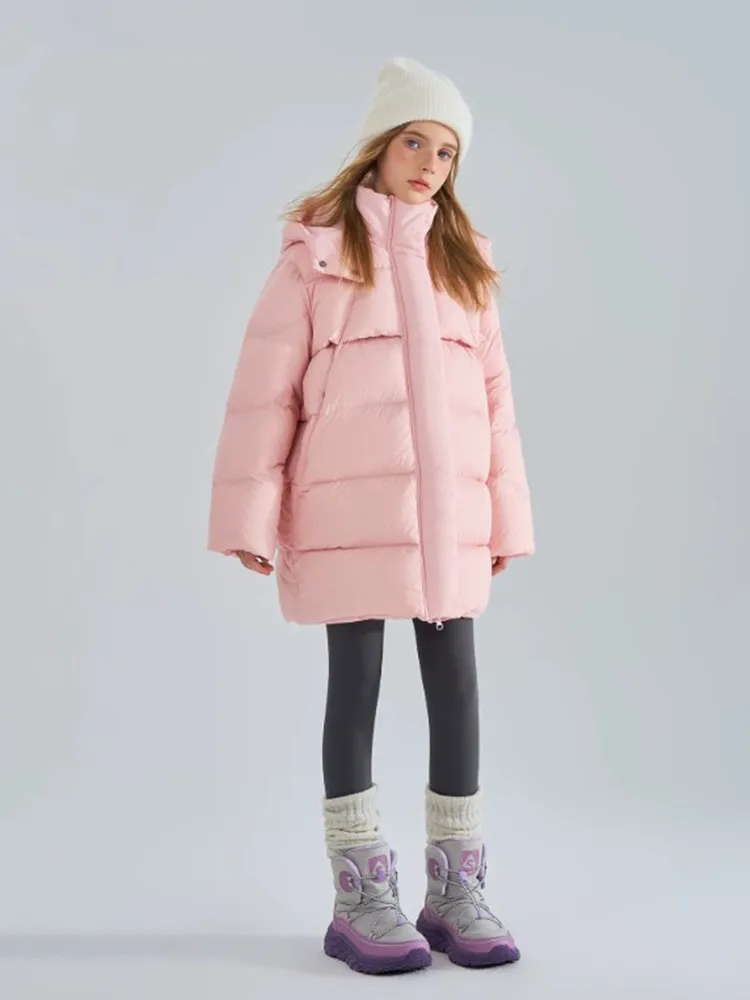 Mädchen Winter Kapuzen-Pufferjacke, mittellange, dicke, warme Daunenjacke für Kinder, einfarbig, winddichte Oberbekleidung für ältere Mädchen, Schneemantel. – Detail 5