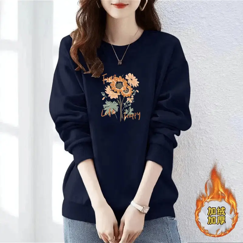 Pure Cotton Round Neck Sweatshirt Korean Style Plus Velvet Thickened Printed Autumn and Winter Loose Long-sleeved Top Outer Wear