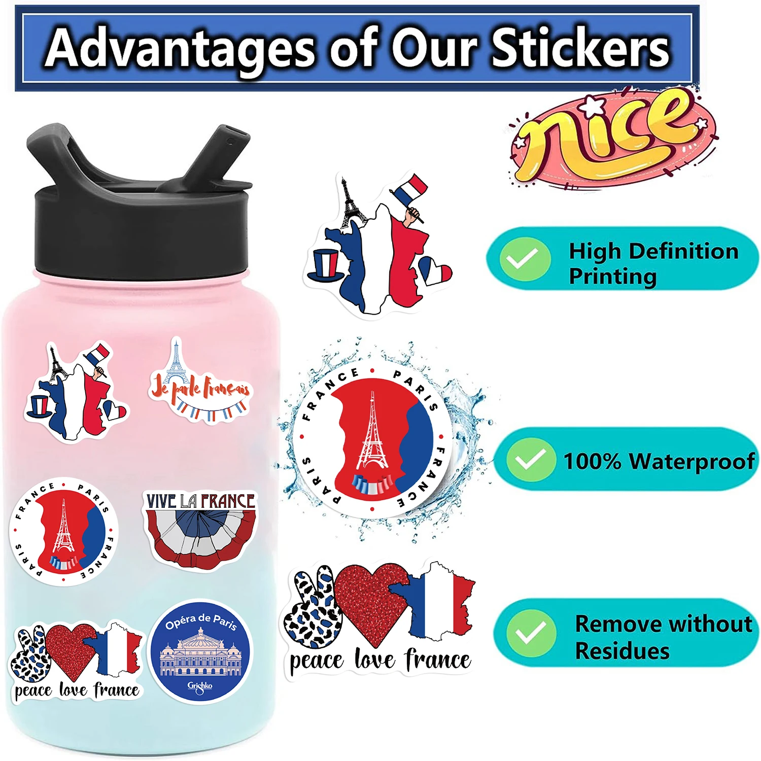 50pcs French Style Stickers For Laptop Bicycle Guitar Skateboard Decals Kid DIY Toys Graffiti Waterproof stickers