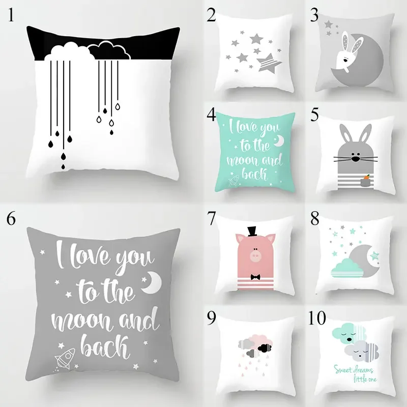 Simple Polyester Throw Pillowcase Cartoon Cloud Moon Star Pattern Cushion Cover White Grey Letters Printed Pillowslip Home Decor