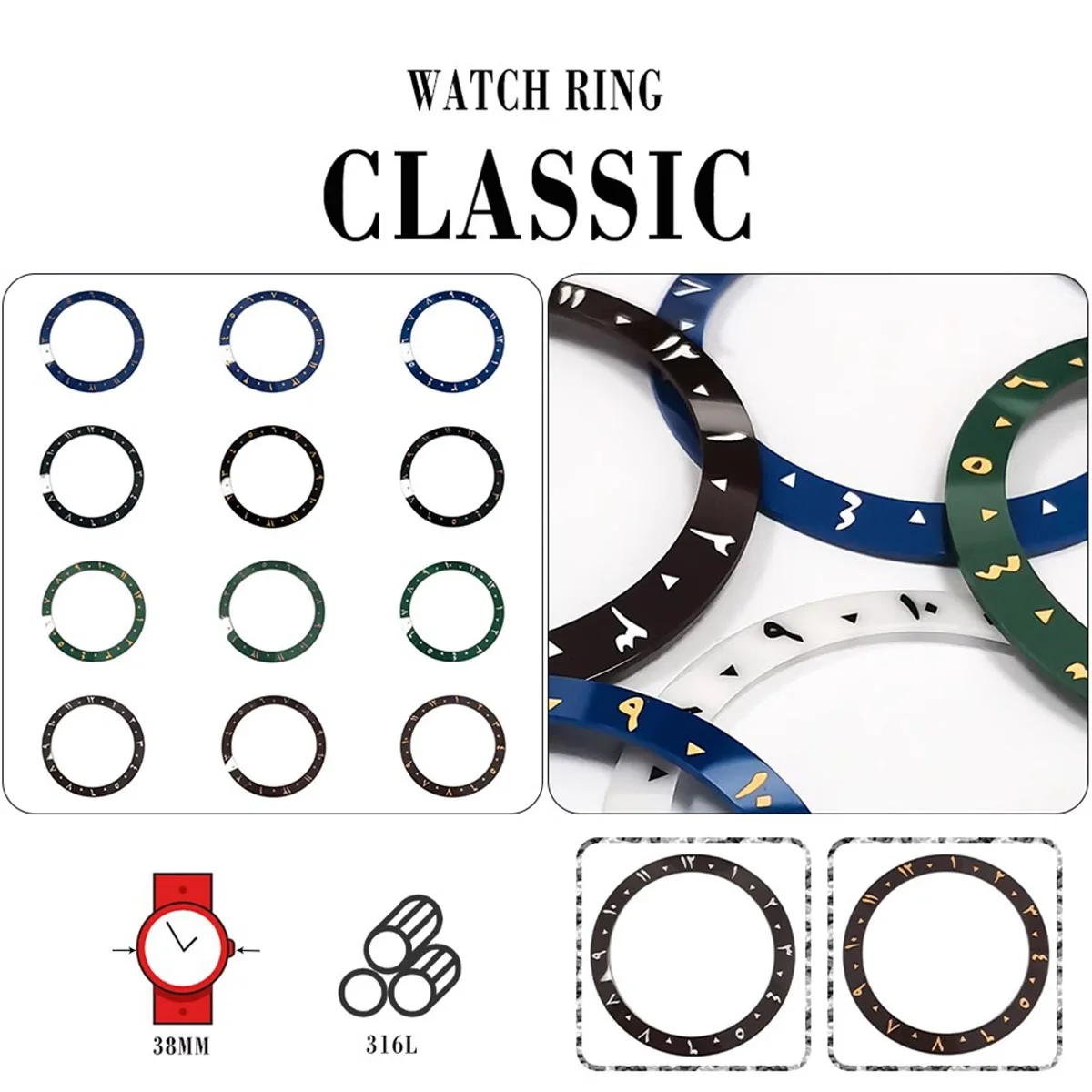 

GMT Watch bezel accessories Ancient Arabic numerals bezel Ceramic bezel outer diameter 38mm inner diameter 30.5mm