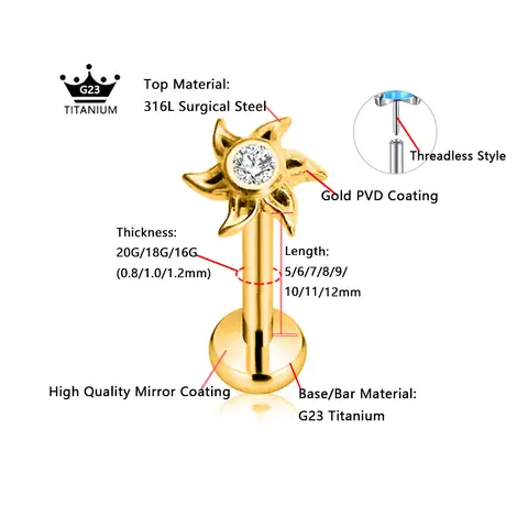 ASTM F136 G23 टाइटेनियम फूल पंखुड़ियाँ स्टार हार्ट बटरफ्लाई थ्रेडलेस पियर्सिंग पिन पुश इन लैब्रेट डेथ कॉन्च इयररिंग 16G 18G 20G 10 best sales छेदन में धक्का - №9