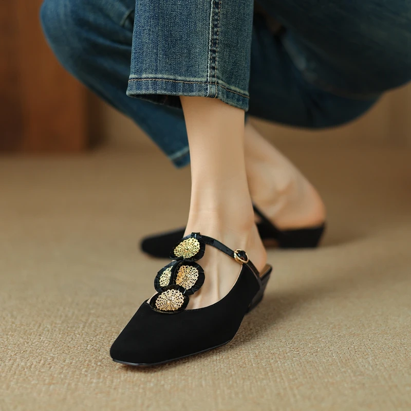 Women's New Spring/Summer Square Headed Genuine Leather Cowhide Sheep Reversed Fleece Low Heel Large Headed Muller Slippers