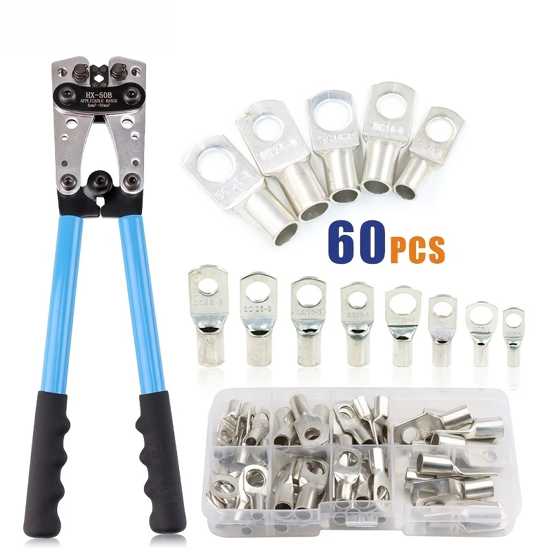 1 set 60PCs HX-50B battery cable crimping tool with copper ring terminals-8 sizes cable lugs set for 10-1 AWG wires