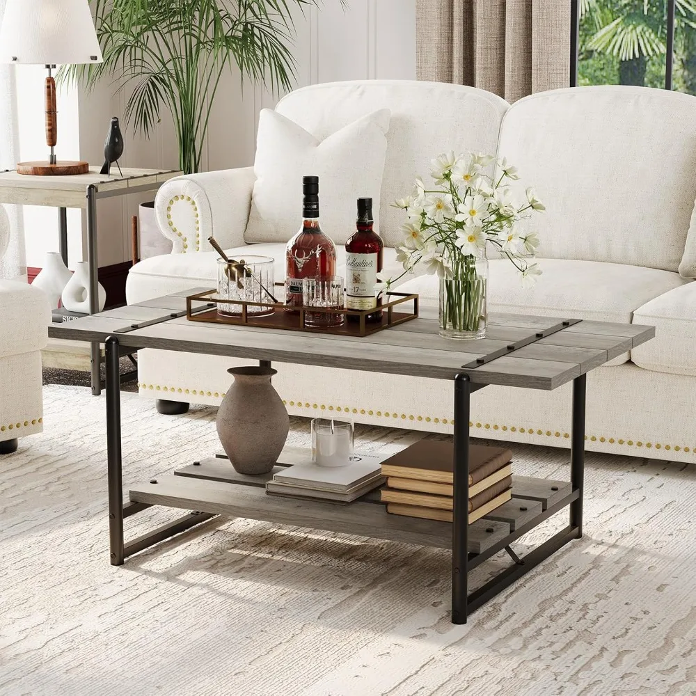 

41" Rustic Farmhouse Coffee Table, Modern Minimalist Wood and Metal Living Room Table, 2 Tie Rectangle Center Table