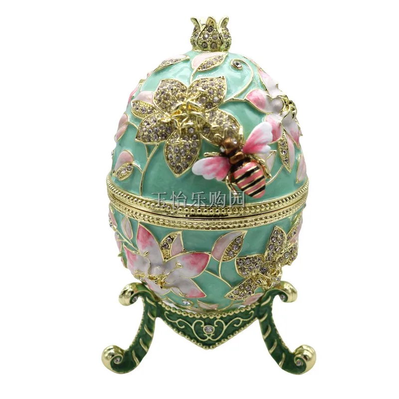 Caja de baratijas de huevos de Pascua esmaltados pintados a mano estilo huevo de Faberge, huevo de abeja verde claro grande decorativo con bisagras para decoración del hogar