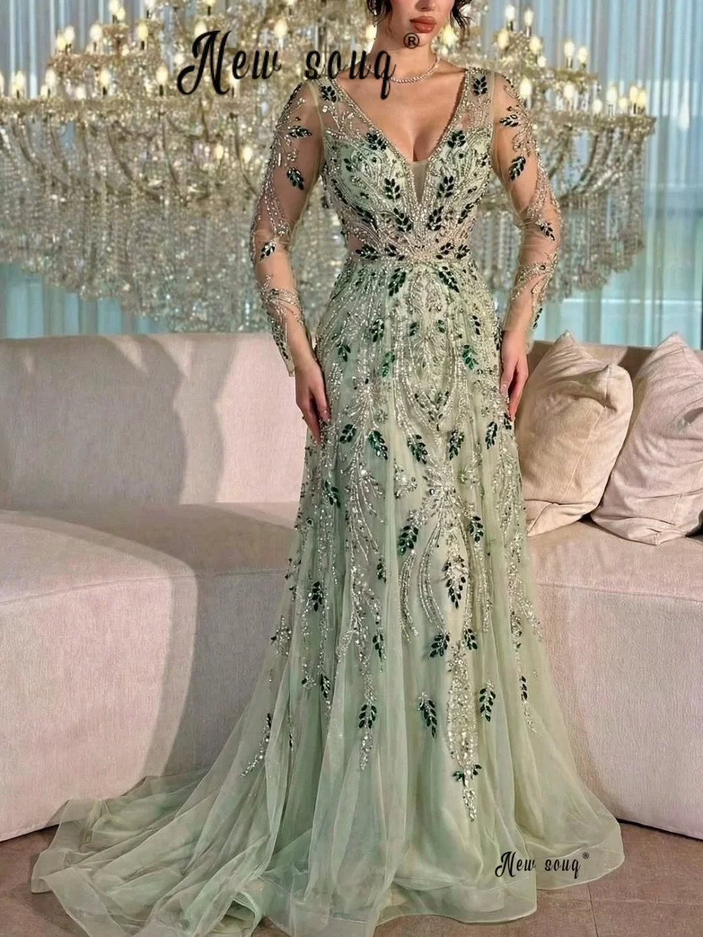 mint green and gold prom dress ZAPAKA Women Prom Dress A-Line V Neck Floor-Length Beaded Tulle Light Green Evening Dress with Slit, Light Green / US2