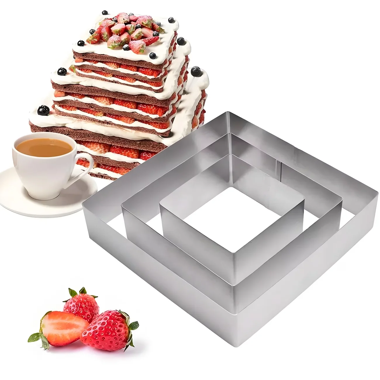 3Pcs Stainless Steel Square Tart Ring Set 10/15/20cm DIY Heart Mousse Cake Baking Rings Baking Tools Love Shape Dessert Mould