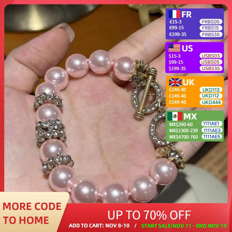 

Vintage Pink Pearl Bracelets For Wedding Rhinestone Beaded Luxury Charms Jewelry Designers Valentine Day Gift Woman 2025 New