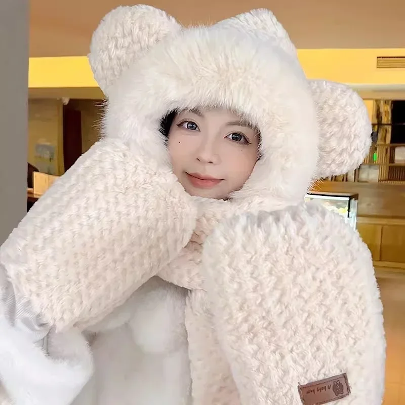 3Pcs Cartoon Wintertime Warm Three-piece Set Cute Fox Ears Plush Baotou ProtectionWinter Warm Hat Collar Scarf Integrated Winter