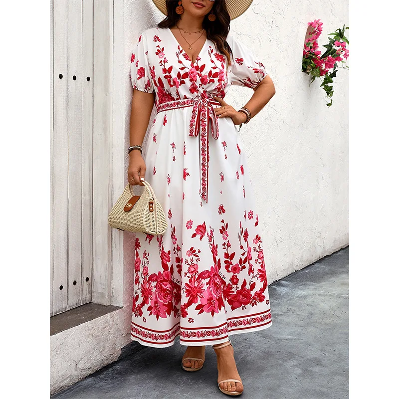 Spring and summer new vintage V-neck printed dress  Plus Size cross-border Europe and the United States high waist slim lantern