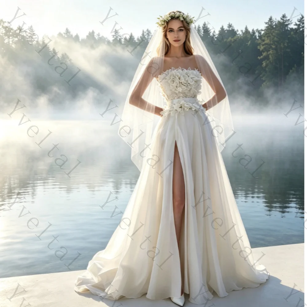 Customized Graceful Temperament Sleeveless A-Line Wedding Dresses Strapless 3D Flowers Fascinating Princess Bridal Gown