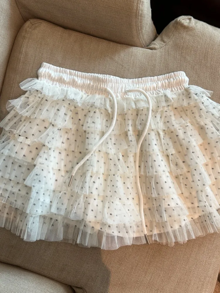 Korean Style Polka Dot Lace Mesh Half Skirt Women Summer New Ballet Style White a Line Fluffy Cake Short Skirt Net Skirt