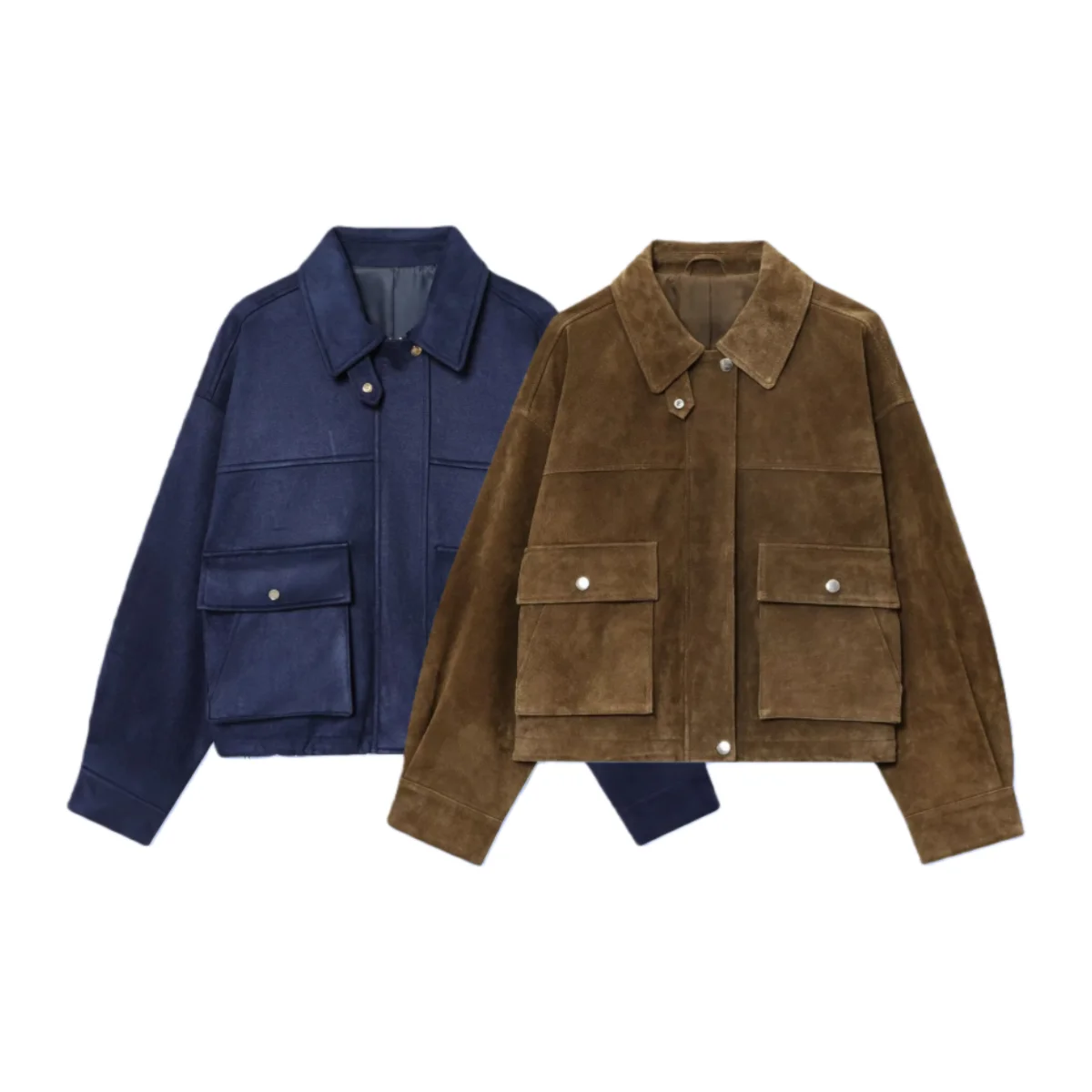 

2025 Winter New Women's Casual Fashionable Simple Pure Leather Bomber Jacket with Lapel and Long Sleeve