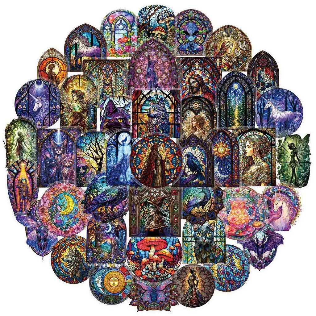 50Pcs Stained Glass Clear Sticker Pack Vintage Church Window Unique DIY Journal Decor Stickers RecordingYourLife Store