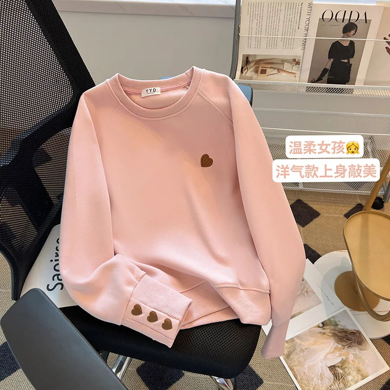 

Spring And Autumn Loose Sweatwear Women's Autumn And Winter Thick Solid Round Neck Embroidered Casual Pullover Top