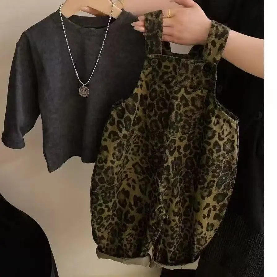 

Kids Jumpsuit Pants1-7Y Boy Girl Children's Autumn Grey Bottom Shirt Strap Pants New Fashion Leopard Pattern Strap Pants