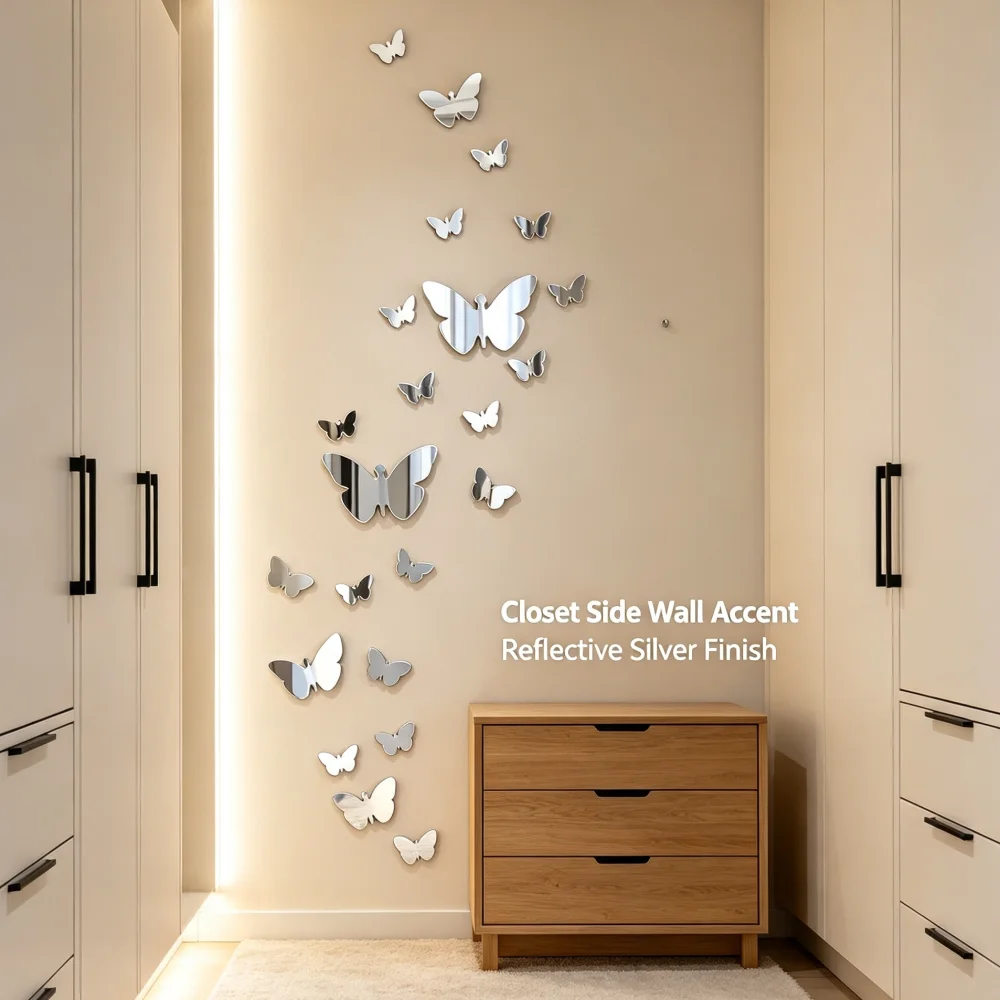 DIY Silver Mirror Butterfly 3D Wall Stickers, Acrylic Splicable Butterfly Wall Art, Self‑Adhesive Decorative Wall Decals for Indoor Kids Room Home Ornament, Total 25Pcs