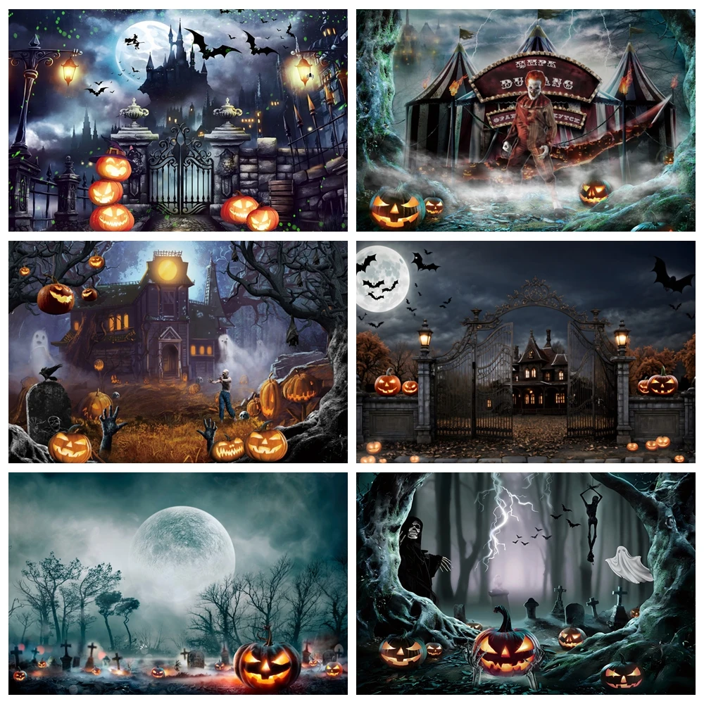 

Halloween Backdrop Horror Night Moon Evil Pumpkin Lantern Ghost Ancient Castle Cemetery Kids Portrait Photography Background