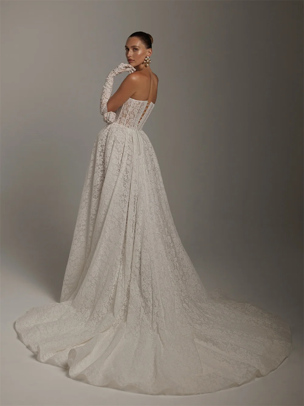 Glamour Customized Detachable Sleeves Lace-Up Back vestidos de noiva A-Line Evening Dresses Ivory Strapless Floral Wedding Dress