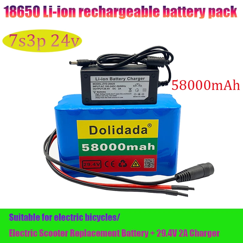 

Lithium 18650 58000mAh 24v 7s3p Rechargeable Battery Pack for Electric Bike/electric Scooter Replacement Battery+29.4V2ACharger