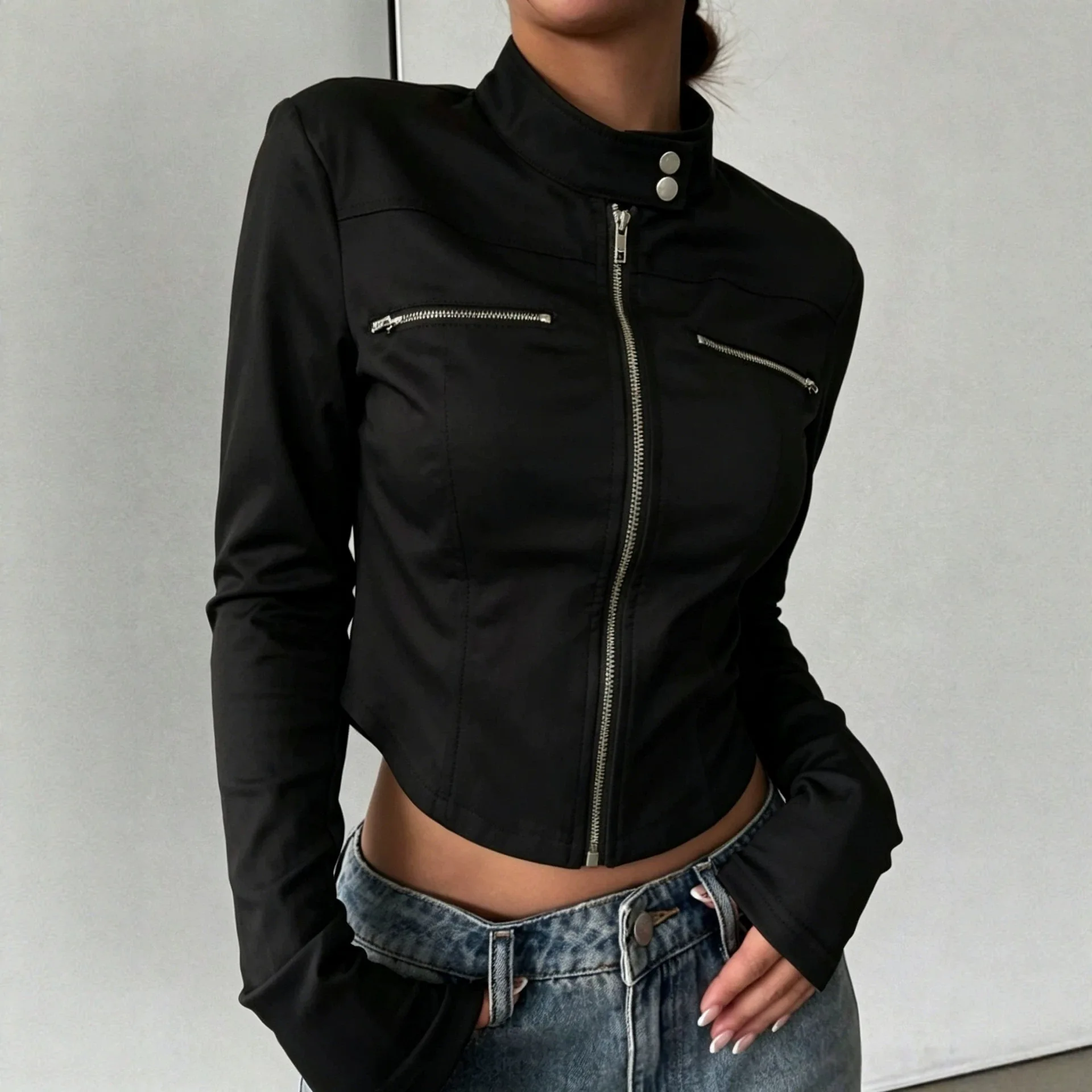 Women's New Solid Stand Collar Zip Up Long Sleeve Cropped Jacket Slim Comfortable Versatile Commute Daily Outfit Outerwear Coat