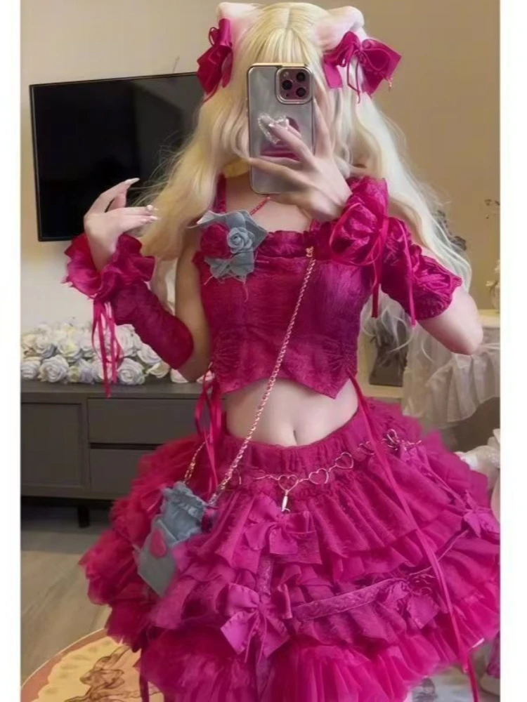 

Kawaii Sweet Pink Lolita Sling 2-piece Set Women Japanese Lovely High-waisted Cake Short Skirt Fashion Cute Slim Sexy Outfits