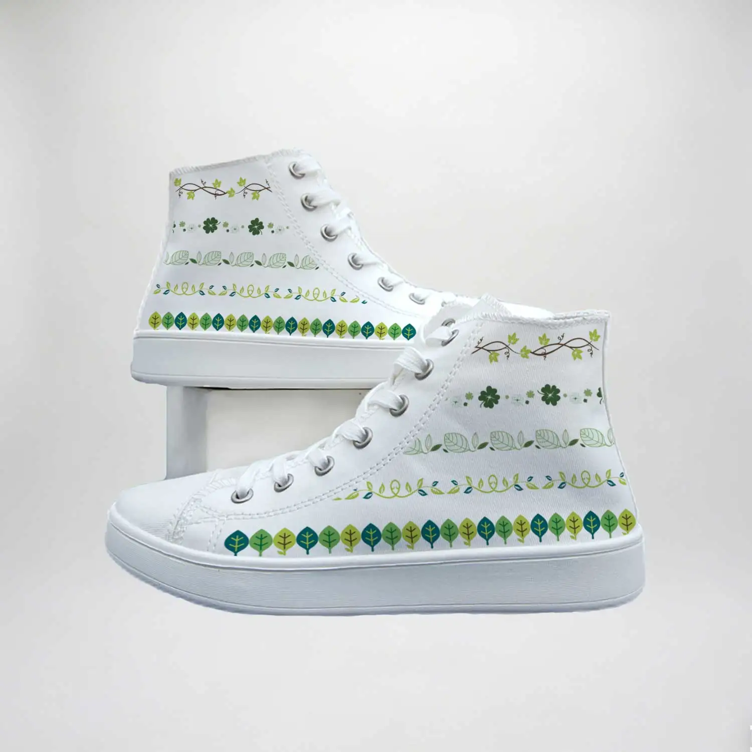 Artistic and Fresh High-Top Canvas Shoes, Forest-Style Green Plant Print White Sneakers, Student Soft-Soled Casual Sneakers