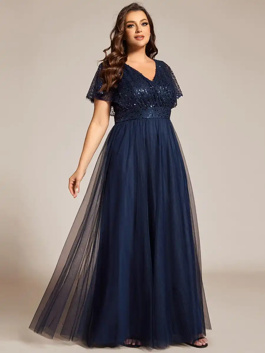 Ever azole-robe de soirée bleu marine, grande taille, col en V, manches courtes à volants, taille compromis, tulle, paillettes, robe de demoiselle d'honneur, 2024