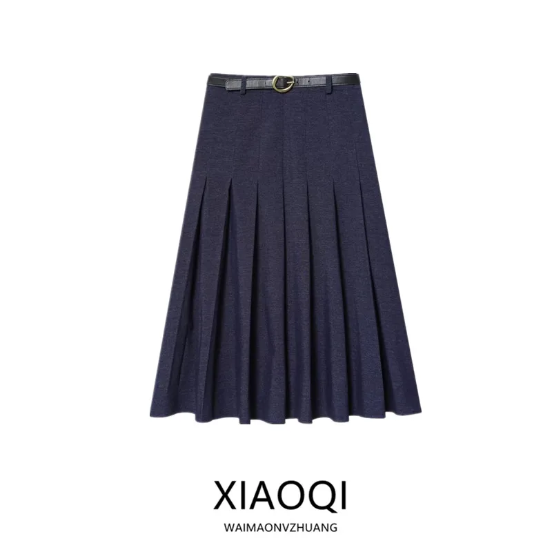 Fall 2025 New Women's Design Sense Denim Pleated  Skirt with Belt mid Waist A-Line Skirt Stand Fit Casual Wear