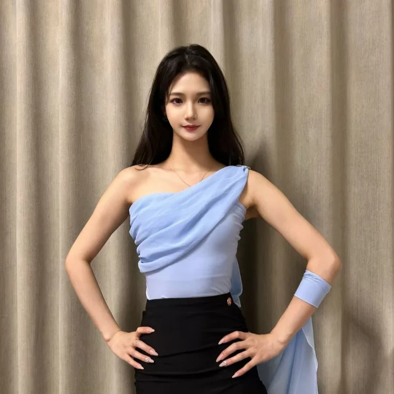 Vestido de baile latino moderno personalizado, vestido de práctica, ropa de clase de rendimiento, Top de hilo revoloteador con hombros inclinados para adultos