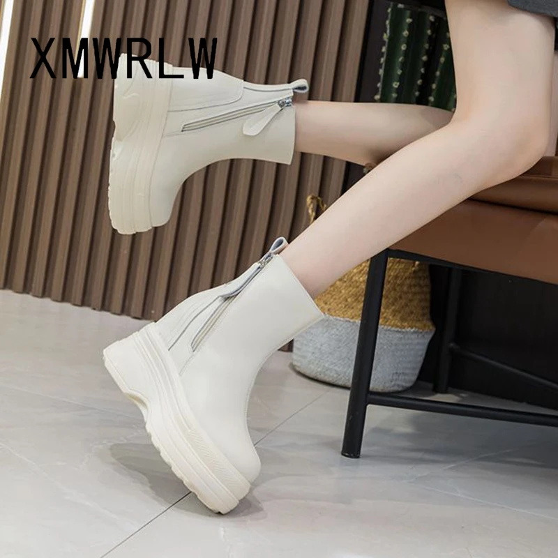 

XMWRLW Leather Ankle Boots Women Autumn Winter Platform Shoes Fashion High Heels Ladies Ankle Boots Winter Warm Plush Shoes Boot