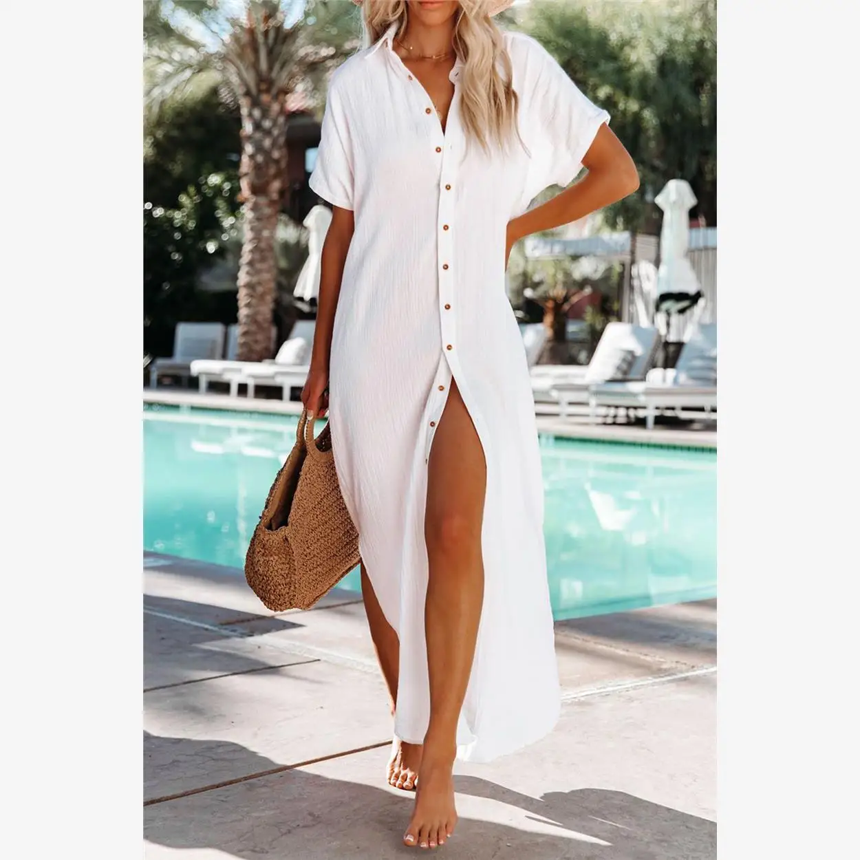 Letnia Nowa Luźna Długa Sukienka Damska Transgraniczna Moda Jedno Guzikowa Sukienka z Plisami Casualowa Poliester...