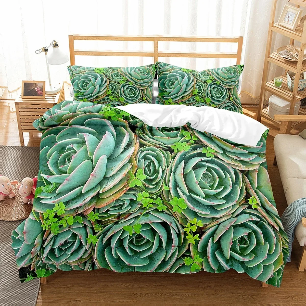 

Succulent Plants Green Plant Duvet Cover Set Polyester Comforter Cover King Queen Full Size Bedding Set with Pillowcase for Teen