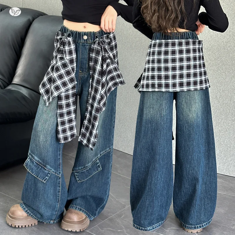 

Клетчатые джинсы с занавесками для девочек, широкие брюки, весна и осень 2024, новый стиль, студенческие брюки прямого кроя, тренд длинных брюк