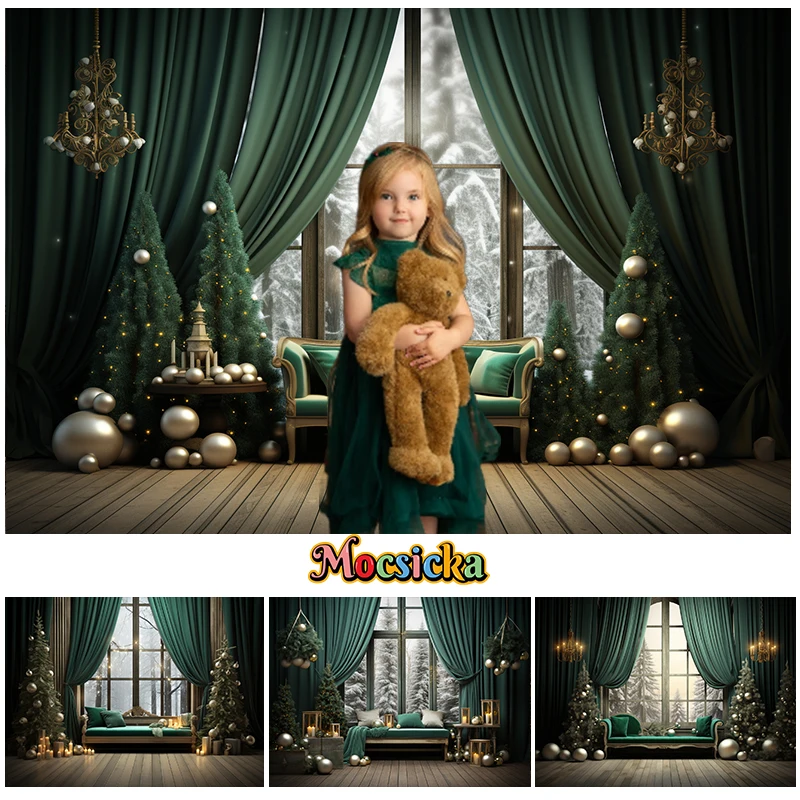 Christmas Living Room Backdrop Photography Xmas Tree Window Green Curtains Decor Kids Adult Portrait Photo Background Banner