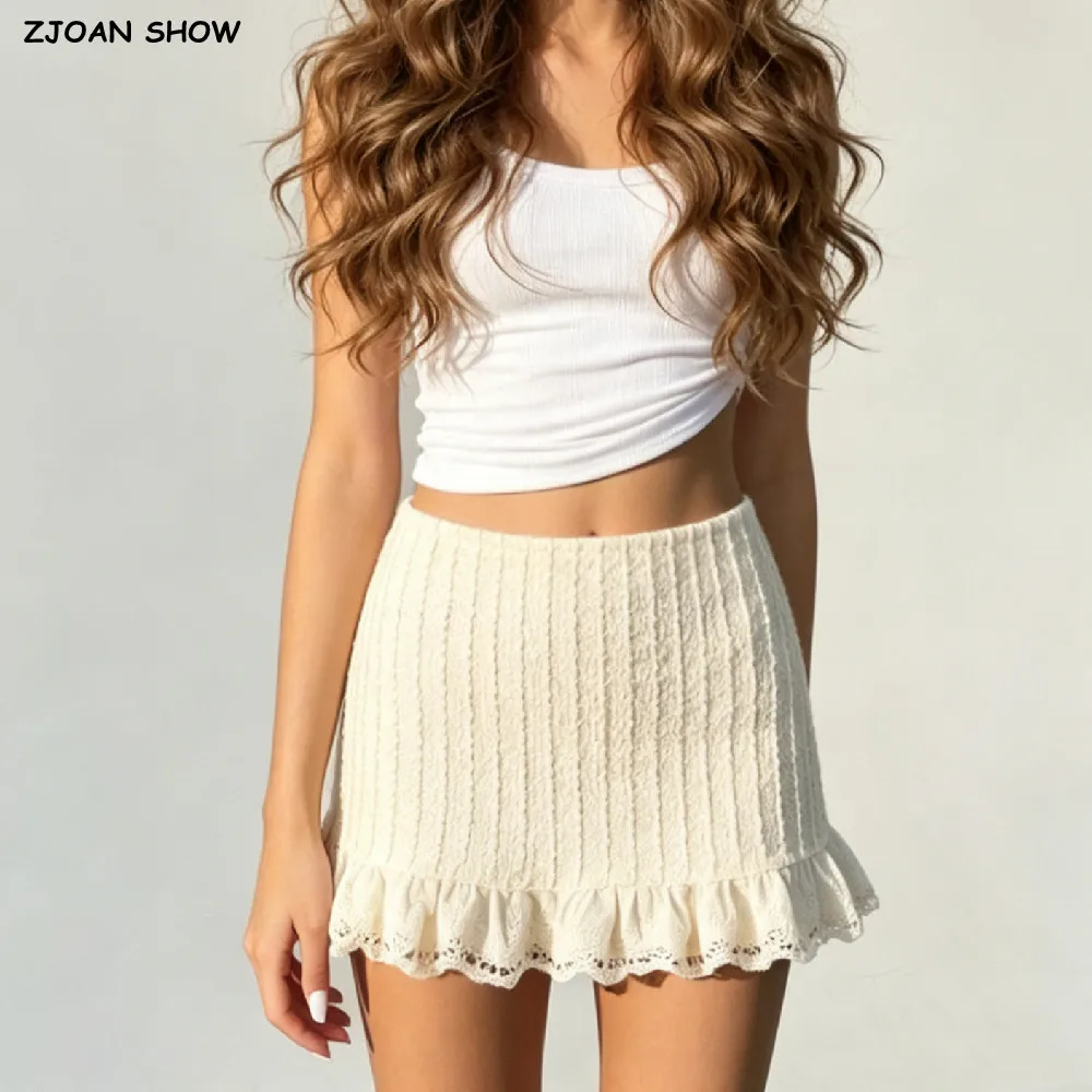 CHIC Summer Apricot Wave Line Stripes Lace Ruffles Package Hips Skirt Sexy Elastic Waist Short Skater Skirts With Shorts Lining