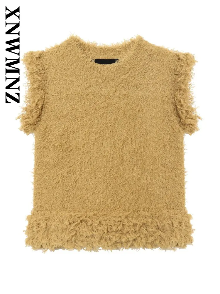 

XNWMNZ 2025 Winter New Woman Vintage Commuting Sleeveless O-Collar Knit Vest Chic Casual Autumn Woman's Yellow Keep warm Sweater
