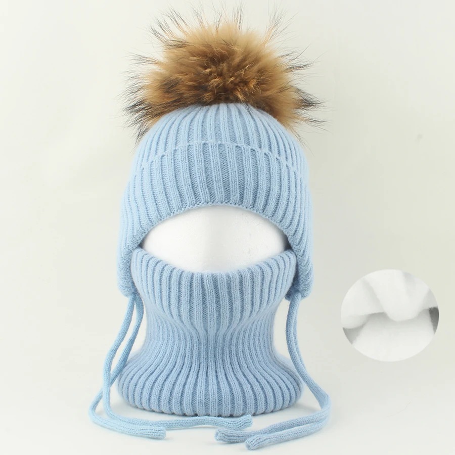 Winter-Wollmütze mit Nackenschutz 2-teiliges Set Echte Fuchsfell-Mütze für Kinder Jungen Mädchen Dicke Fleece Warme Gestrickte Gestreifte Ohrenklappe Baby Skullies Mütze – Detail 30