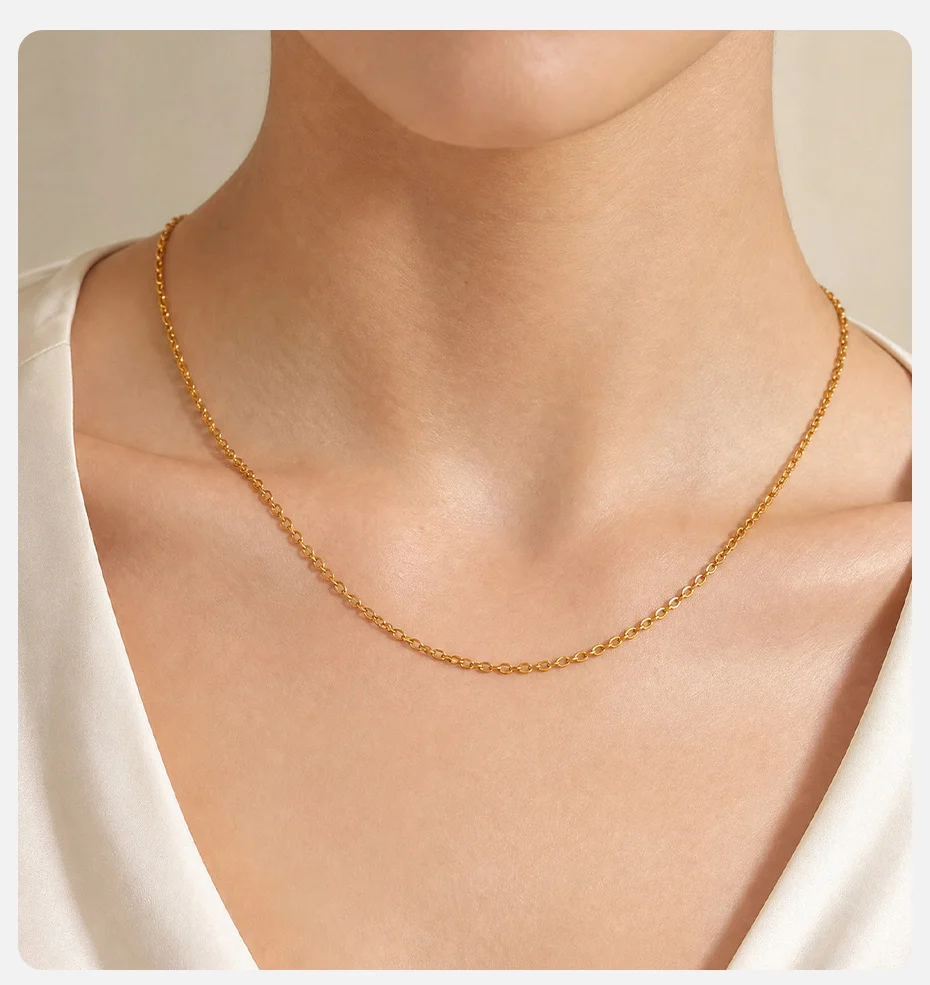 Vnox Trendige 2,4 mm vergoldete flache ovale Kettenhalskette für Damen, minimalistische dünne Edelstahlkette, geschichtete Halskette, Schmuck – Detail 2