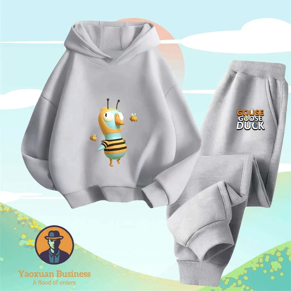 

2025 Fashionable Goose Goose Duck Boys Kids Little Girls 2-Piece Hoodie Set Cute Cartoon Print Warm Windproof Autumn Winter New