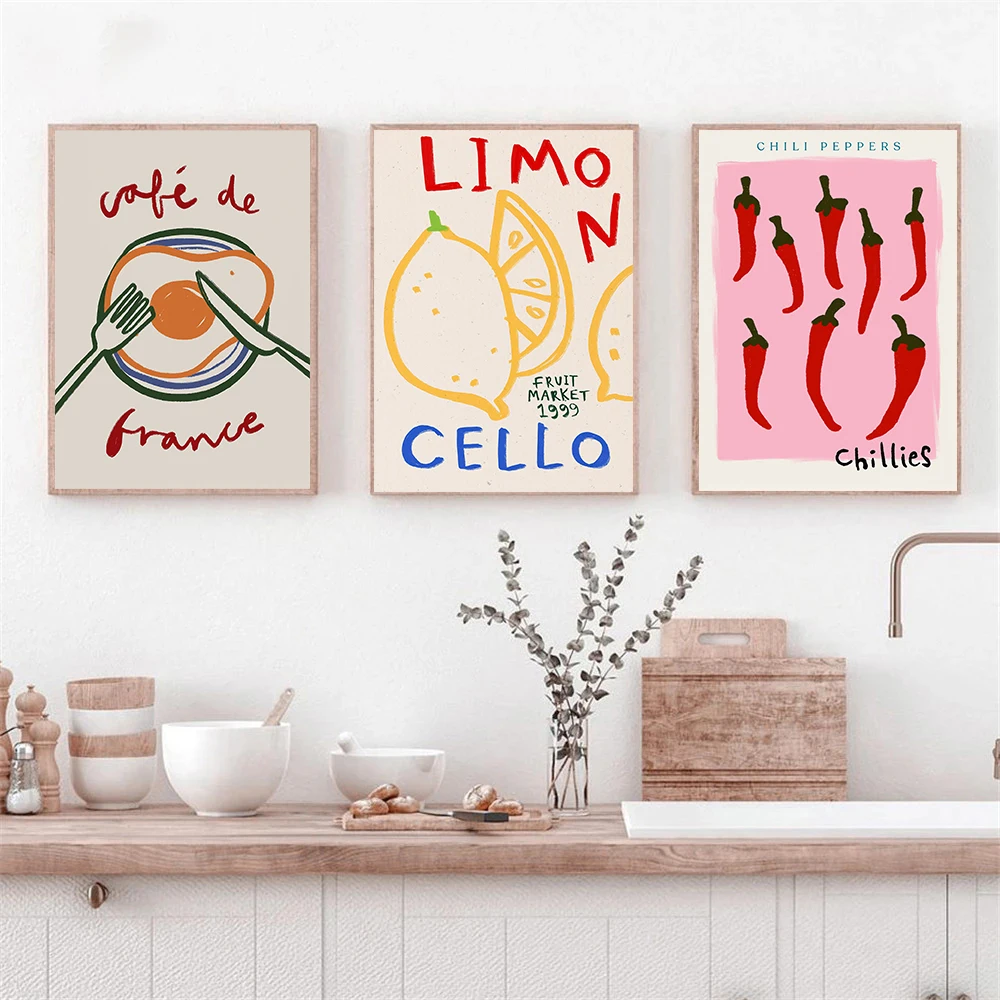 Colourful Cheers Chili Fruit Lemon Foodie Coffee Sushi Croissant Wall Art Poster Kitchen Canvas Painting Prints Home Decor